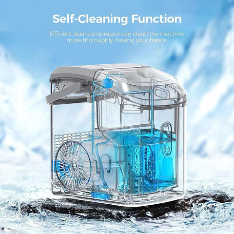 Countertop Nugget Ice Maker Delivers 34 Pounds Daily With One Touch Control And Self Clean Wash showing internal components and self-cleaning feature.