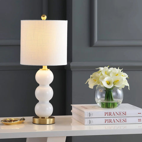 21 Inch White And Brass Glass Table Lamp With Linen Shade Modern Stacked Sphere Bedside Lamp For Bedroom And Living Room LED Bulb Included ETL Listed 120 Volt