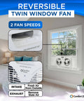 Twin Window Fan With Reversible Airflow And Auto Locking Expanders 9 Inch Dual Speed Operation installed in bedroom window