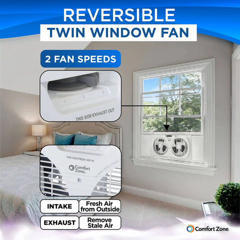 Twin Window Fan With Reversible Airflow And Auto Locking Expanders 9 Inch Dual Speed Operation installed in bedroom window