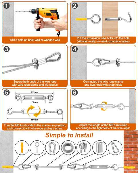Beast Heavy Duty 220 Feet One Eighth Inch Vinyl Coated Stainless Steel Wire Rope Kit installation steps diagram