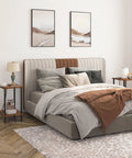 Bedroom with bed, two Super Handy End Table With Built In Charging Station And USB Port Type C Outlet For Nightstand Use In Small Spaces Rustic Brown Two Shelf Side Table For Living Room Or Bedroom With Stable Frame on either side with decor.