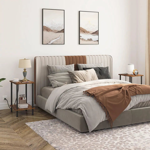 Bedroom with bed, two Super Handy End Table With Built In Charging Station And USB Port Type C Outlet For Nightstand Use In Small Spaces Rustic Brown Two Shelf Side Table For Living Room Or Bedroom With Stable Frame on either side with decor.