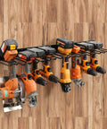 Heavy Duty Drill Holder Wall Mount 2 Pack Metal Tool Organizer Rack Set for Garage Storage with drills mounted on a wall.