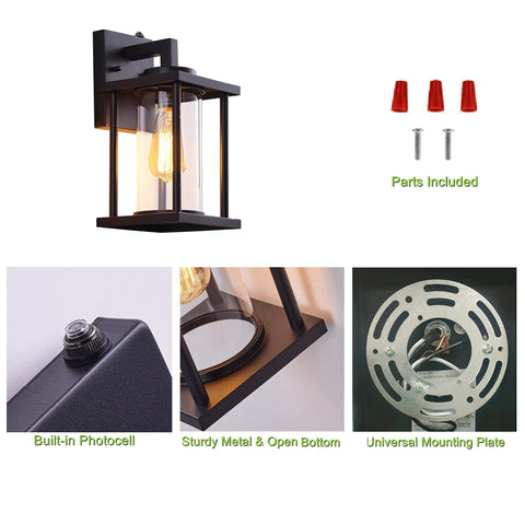 2 Pack Black Exterior Wall Light Fixtures With Dusk To Dawn Sensor, E26 Base Socket, Clear Glass, showing parts and build details