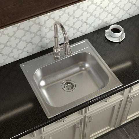 Top view of installed 2000 Series 25 Inch 20 Gauge Drop In Stainless Steel Kitchen Sink With Quick Mount Single Bowl 1 Hole Noise Reducing