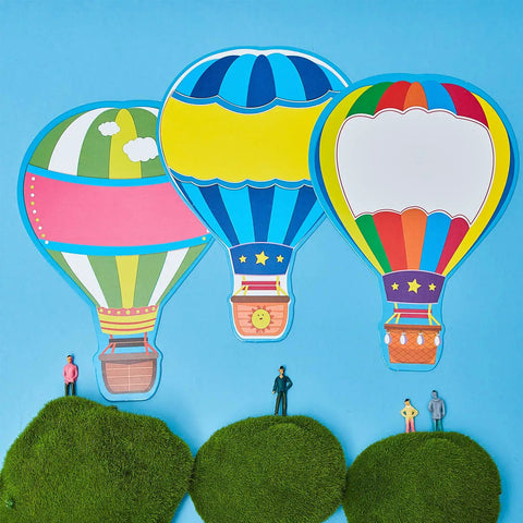 Totally Colorful Hot Air Balloon Cutouts Set With 54 Paper Shapes And 60 Glue Dots For Classroom Decor, three balloon designs.