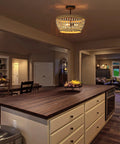 Wood Beaded Semi Flush Mount Ceiling Light 3 Light Farmhouse Boho Style Cozy Chandelier in a kitchen with white cabinets.