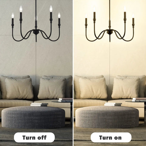 Five Light Farmhouse Linear Pendant Chandelier for Kitchen Island Dining and Living Room Matte Black Finish Sturdy Metal Iron Frame Modern Rustic Lighting Fixture Built to Last shown in off and on mode above seating area.