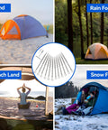 Collage of camping tents in diverse settings with Beefy Heavy Duty 12 Pack 14 Inch Ground Anchors Screw In Non Rust Cast Aluminum Detachable Tent Stakes