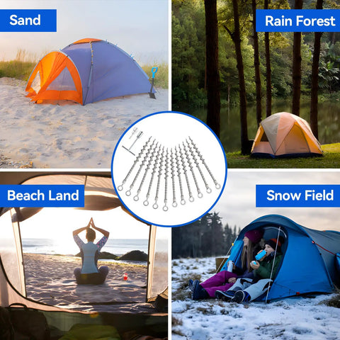 Collage of camping tents in diverse settings with Beefy Heavy Duty 12 Pack 14 Inch Ground Anchors Screw In Non Rust Cast Aluminum Detachable Tent Stakes