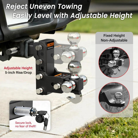 Adjustable Trailer Hitch With 360 Degree Swivel Tri Ball Mount And Tow Hook Lock, Rotating 3 In 1 Ball System For 1 7/8, 2, And 2 5/16 Inch Balls, Rated Up To 15,000 Lbs GTW And 10,000 Lbs Tow Hook; black steel, 5-inch rise/drop