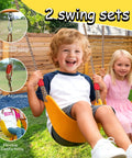 Wooden Backyard Playset With Monkey Bars And Wave Slide For Kids Ages 3 To 6 Includes 2 Belt Swings, shown in use
