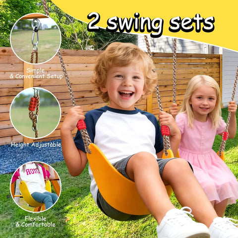 Wooden Backyard Playset With Monkey Bars And Wave Slide For Kids Ages 3 To 6 Includes 2 Belt Swings, shown in use