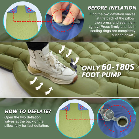 Inflating Ultralight Two Person Camping Sleeping Pad With Built In Pillow And Foot Pump, showing foot pressing the pump.