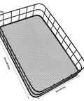 Black Metal Wire Cabinet Organizer And Storage Rack With Iron Grid Mesh Basket, space-saving tray net, dimensions shown