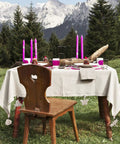 Outdoor picnic table with 4 Pack Tablecloth Weights With Metal Clips Clamps For Outdoor Parties And Picnics, Cast Iron Weights In Butterfly Bee Dragonfly And Ladybug Shapes, Keeps Table Cover Locked Down In The Wind, Ideal For Indoor And Outdoor Use, decorated with pink candles.