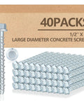 40 Pack Half Inch By 4 Inch Galvanized Concrete Screws Large Diameter Anchors next to box showing 1/2" x 4" specification