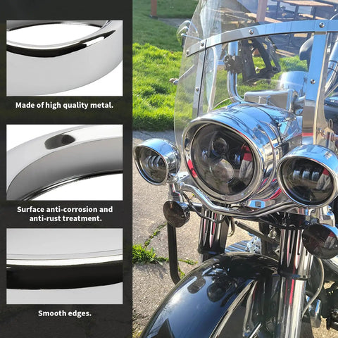 Close-up of 7 Inch Black Headlamp Visor Trim Ring Bezel For Harley Touring Street Glide, showing metal finish and smooth edges.