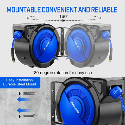 80 Ft Retractable Air Hose Reel Ultimate Garage Workhorse For Air Compressors 300 Psi Max 3 8 Inch Hybrid Tubing, wall mounted with 180-degree rotation.