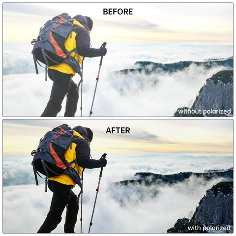 Comparison of hiker on mountain with and without Polarized Clip On Sunglasses For Ray Ban Meta Wayfarer RW4006 And Gen 2 RW4012 Regular 50 22 Matte Black Frame Discoloration Clip Protect Your Eyes With UV Blocking And Clear Vision.
