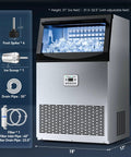 Heavy Duty Commercial Ice Maker Churning Out 110 Pounds Of Frosty Cubes Every 24 Hours With A Roomy 33 Pound Holder And No Sweat Self Cleaning Setup, showing control panel and ice compartment.