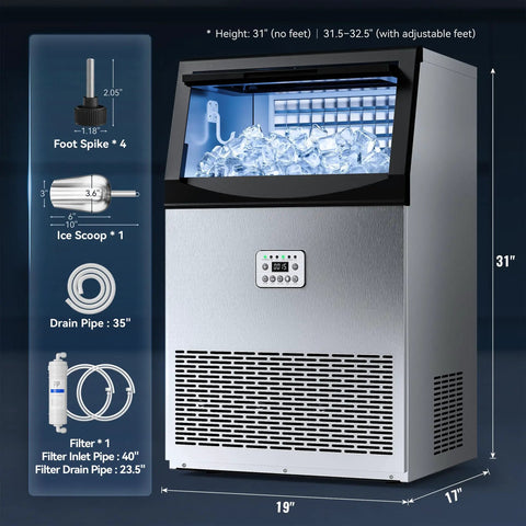 Heavy Duty Commercial Ice Maker Churning Out 110 Pounds Of Frosty Cubes Every 24 Hours With A Roomy 33 Pound Holder And No Sweat Self Cleaning Setup, showing control panel and ice compartment.