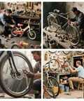 Mechanics working on various bikes, showcasing repair and maintenance with 24 Piece Bike Axle Nut And Washer Kit Universal Fit M8 M9.5 M10 Replacement Parts For Mountain And Road Bikes Wheel Nuts Bolts Set To Lock Your Axle And Level Up Your Ride parts. Workshop setting.