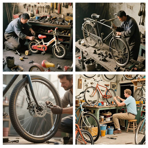 Mechanics working on various bikes, showcasing repair and maintenance with 24 Piece Bike Axle Nut And Washer Kit Universal Fit M8 M9.5 M10 Replacement Parts For Mountain And Road Bikes Wheel Nuts Bolts Set To Lock Your Axle And Level Up Your Ride parts. Workshop setting.
