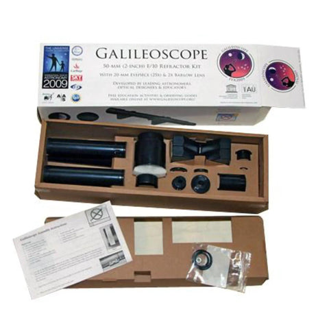 Galileoscope Kit For Beginner Stargazers With 50mm Aperture And 25X To 50X Magnification Manual Focus Altazimuth Mount box open