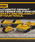 Assorted DeWalt batteries including 20 Volt Max XR Lithium Ion Battery 5Ah with LED charge indicator.