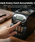 No Sweat Heavy Duty Coin Counter And Auto Wrapper Machine With Rapid 312 Coins Per Minute Pace and Roomy 400 Coin Hopper showing digital panel and hand pressing buttons.