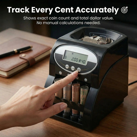 No Sweat Heavy Duty Coin Counter And Auto Wrapper Machine With Rapid 312 Coins Per Minute Pace and Roomy 400 Coin Hopper showing digital panel and hand pressing buttons.