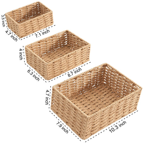 Set Of Three Small Wicker Baskets Low Key Perfect For Home Organization And Bathroom Decor With Durable Woven Storage Trays That Keep Your Space Tidy While Adding Cozy Rustic Vibes To Living Rooms Or Closets