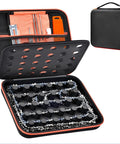 Heavy Duty Chainsaw Chain Storage Case Organizer for 6 to 12 Chains and File Kit, shown open with chains neatly arranged.