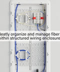 Rock Solid 10 Inch Universal Mounting Plate With Heavy Duty Ratchet Clamps For Secure Device Mounting Inside Structured Media Enclosures Keeps Wiring Neat And Setup Dead Simple In Clean White installed in structured wiring enclosure with fiber organization.