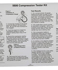 OTC 5606 Compression Tester Kit instruction sheet with installation diagram and test results, OTC logo.