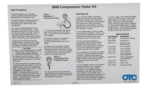 OTC 5606 Compression Tester Kit instruction sheet with installation diagram and test results, OTC logo.