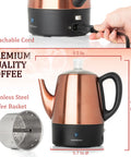 4 Cup Electric Percolator Coffee Pot With Keep Warm Function In Copper And Stainless Steel, detachable cord shown