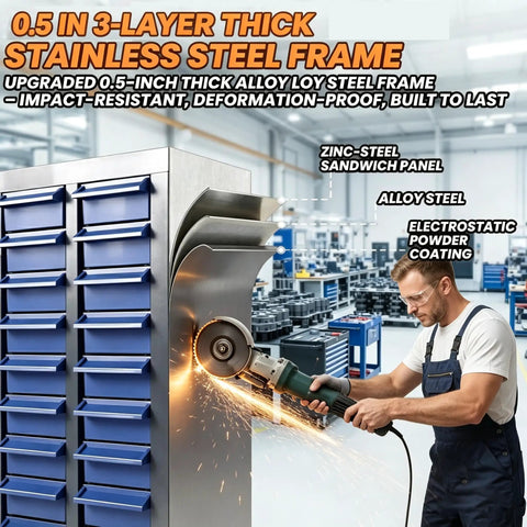Beefy 75 Drawer Bolt And Nut Organizer With ABS Drawers And Alloy Steel Frame, Laser Welded Heavy Duty Cabinet For Tools And Fasteners, Durable Small Hardware Storage Case, 3.9 Inch Depth, 7.8 Inch Width. 75-drawer cabinet with alloy steel frame