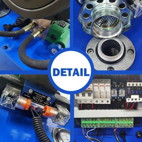 Detail of Heavy Duty Automatic Electric Hydraulic Hose Crimping Machine 3600KN with hoses, switches, and components.
