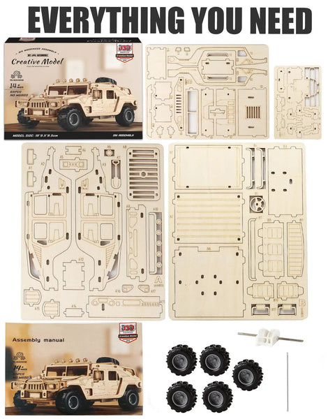 Off Road 3D Wooden Puzzle Car Kit For Adults, Easy To Build SUV Model With 65 Pre Cut Pieces, DIY Wood Toy For Builders, Realistic Detail And Fun Challenge showing parts and manual