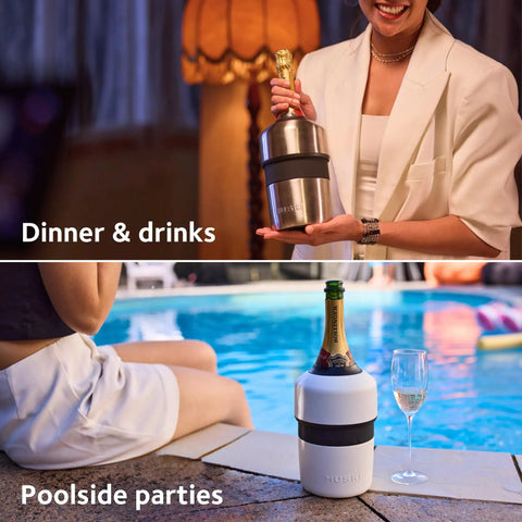 Ultra Efficient Iceless Champagne Chiller With Detachable Stopper displayed at dinner and poolside party scenes