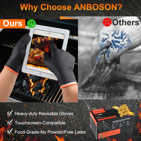 Dual Layer Heat Resistant BBQ Gloves With Nitrile And Cotton Liners 10 Mil Thick Non Slip Grip For Grilling Smoking And Handling Hot Meat Large Black Set showing touchscreen use and comparison to other gloves