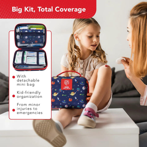 Mom using Kids First Aid Kit 246-Piece Bundle For Travel, Home, And Car Emergency Needs on child; portable mini bag visible