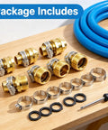 Package includes Durable Garden Hose Repair Kit For 3/4 And 5/8 Inch Hoses With Rust Resistant Aluminum Male Female Connectors, clamps and washers