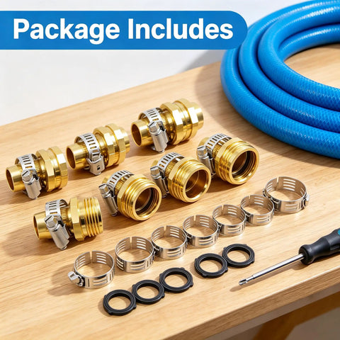 Package includes Durable Garden Hose Repair Kit For 3/4 And 5/8 Inch Hoses With Rust Resistant Aluminum Male Female Connectors, clamps and washers