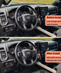 Before and after installation of Dodge RAM Red Headlight Switch Knob Cover With Aluminum Alloy Ring Trim showing interior enhancement