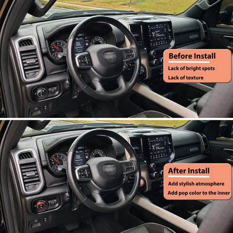Before and after installation of Dodge RAM Red Headlight Switch Knob Cover With Aluminum Alloy Ring Trim showing interior enhancement