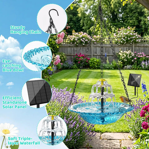 Solar Hanging Bird Bath Fountain With Cascading Water Effect For Garden Patio And Backyard Outdoor Solar Powered Bird Bath Fountain Easy No Fuss Setup Low Maintenance Water Display hanging in a garden.
